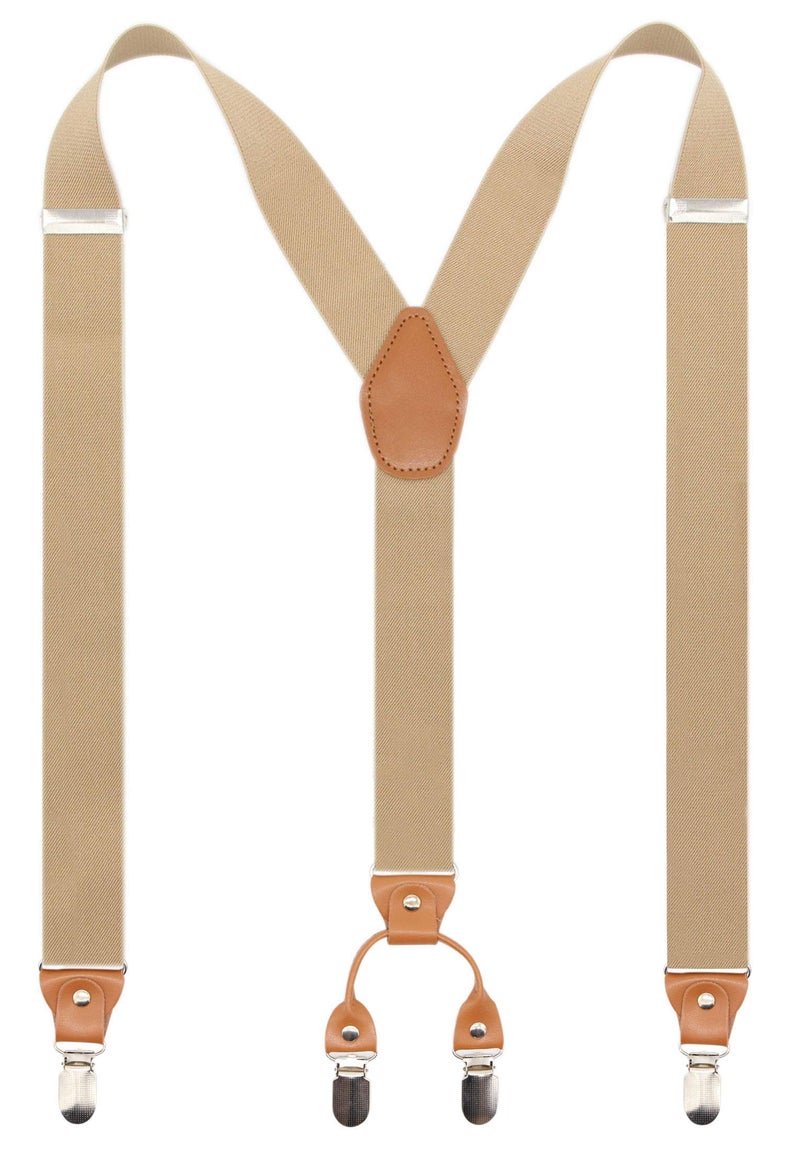 Timiot Menâ€™s Y-Back 4 Metal Clip Elastic Wide Suspenders Perfect For Both Casual&Formal (Champagne) - Image 1